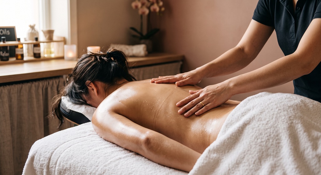 A candid photo focusing on a well-oiled back during a relaxing Pattaya massage session, with the masseuse applying firm pressure using feminine hands in a dim, tranquil room.